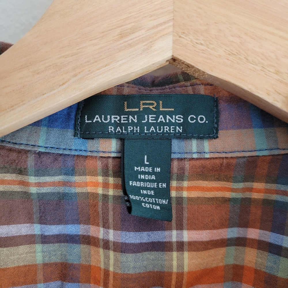 Lauren Jeans Co LRL Button Up Shirt Women's L Madras Plaid Long Sleeve Roll Tab - Picture 8 of 8